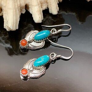 Turquoise Coral Sterling Silver Feather Navajo Native American Earrings J827